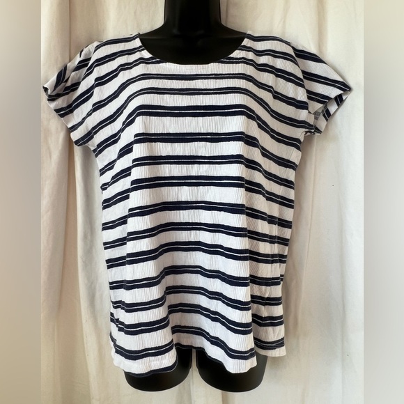 Lands End Women's Sz S Striped Crew Neck Short Sleeve Ribbed Blouse Blk/Wht - Picture 1 of 4